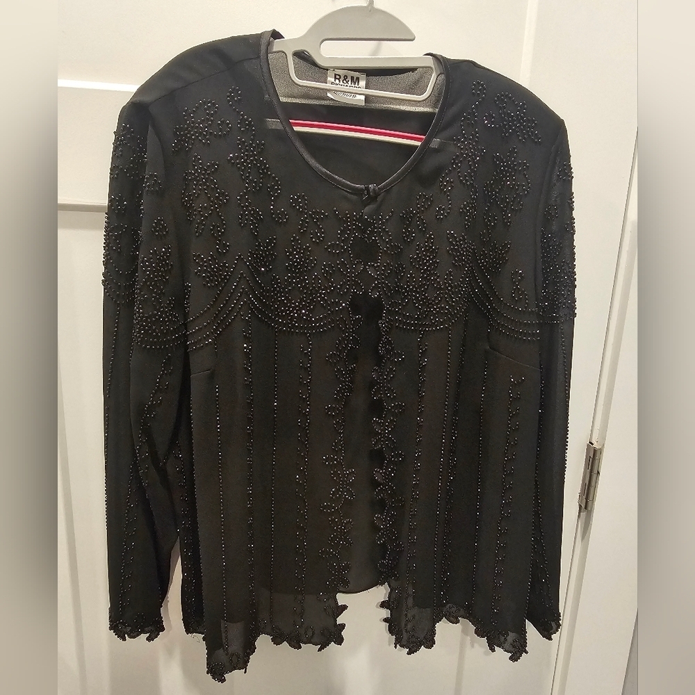 R&M Richards Woman Black Beaded Evening Jacket Sheer Chiffon Topper Size XL Form